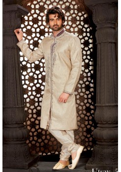 Designer Brocade Cream Indo Western Sherwani